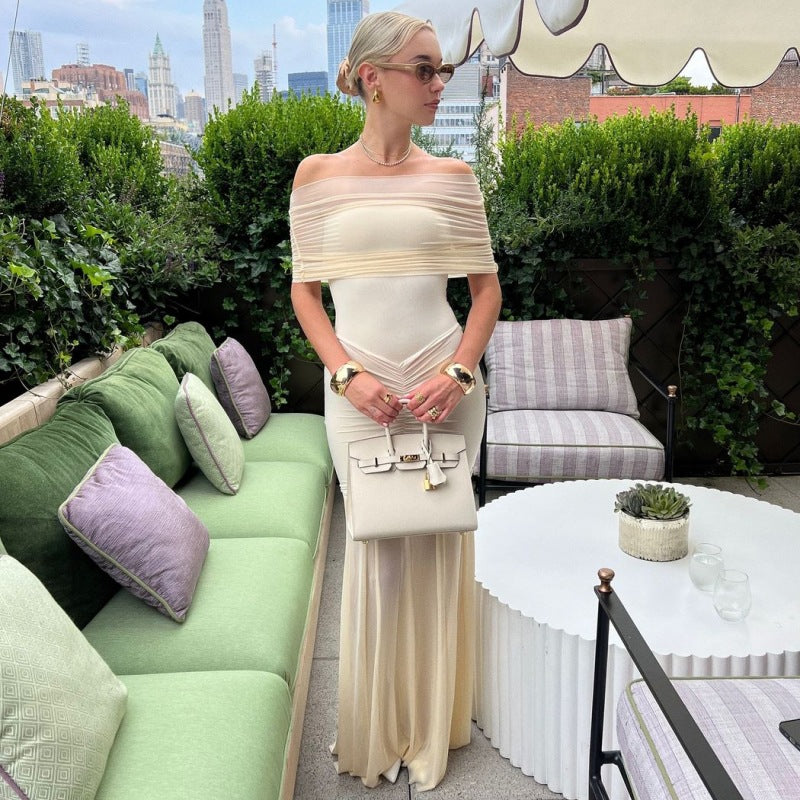Womens One Shoulder Mermaid Mesh Maxi Dress Ruffled Slim Bodycon Dress Elegant Evening Party Dress for Spring Summer