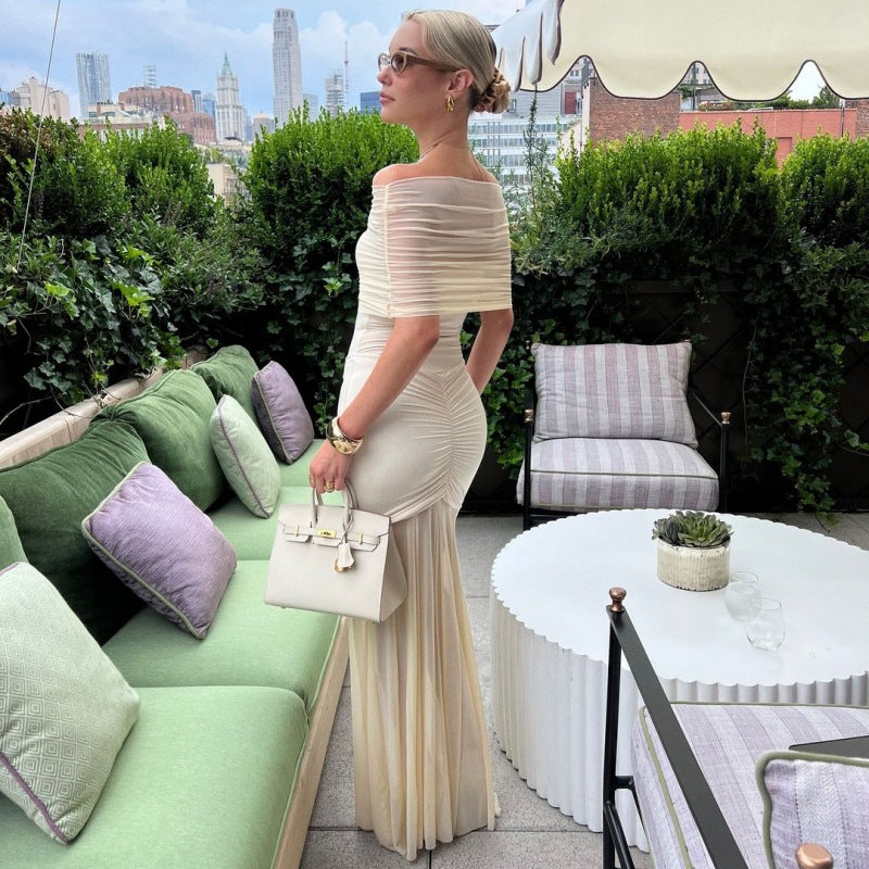 Womens One Shoulder Mermaid Mesh Maxi Dress Ruffled Slim Bodycon Dress Elegant Evening Party Dress for Spring Summer
