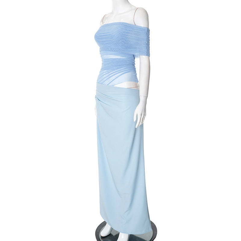 Asymmetrical Ruffles One Shoulder Sheer Mesh Maxi Dress with Sexy Elegant Evening Party and Beach Wedding Guest Dress