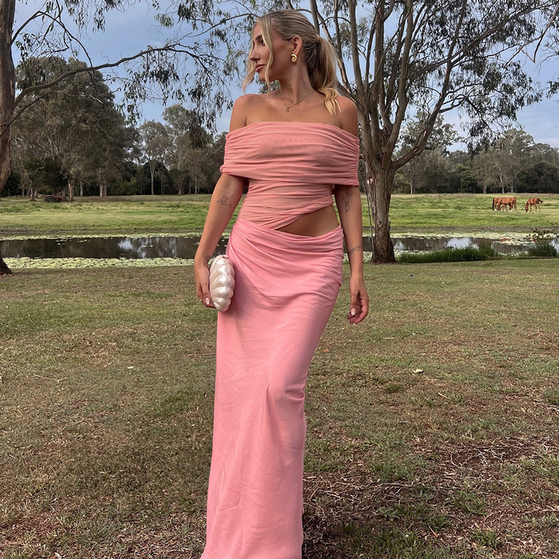 Asymmetrical Ruffles One Shoulder Sheer Mesh Maxi Dress with Sexy Elegant Evening Party and Beach Wedding Guest Dress