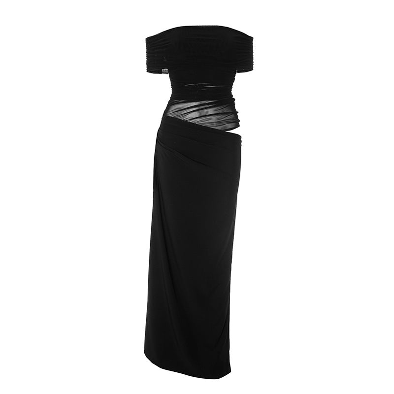 Asymmetrical Ruffles One Shoulder Sheer Mesh Maxi Dress with Sexy Elegant Evening Party and Beach Wedding Guest Dress