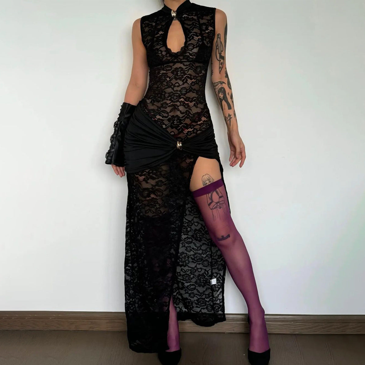 Women Sexy Sleeveless Mesh Sheer Floral Lace Dress Hollow Out See Through High Split Bodycon Party Midnight Dresses