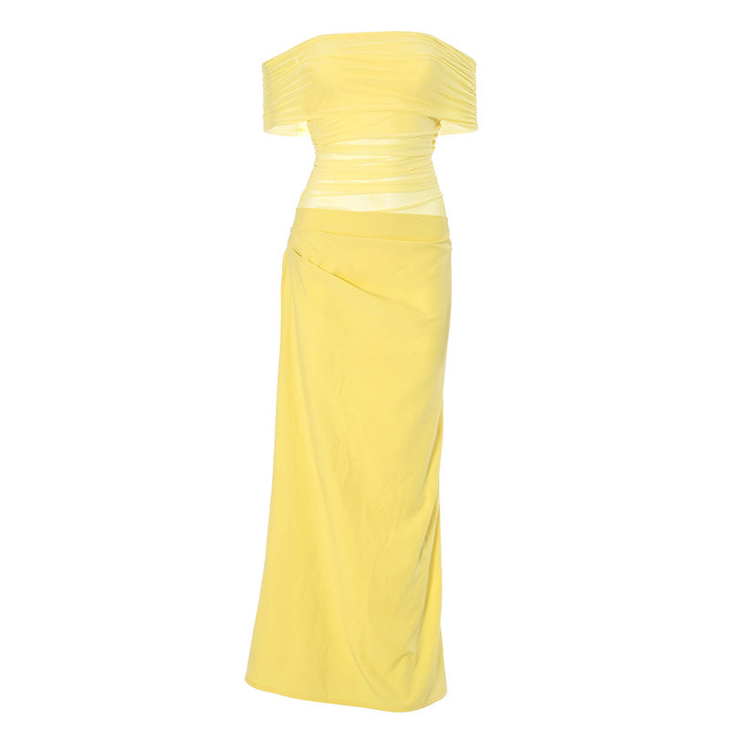 Asymmetrical Ruffles One Shoulder Sheer Mesh Maxi Dress with Sexy Elegant Evening Party and Beach Wedding Guest Dress