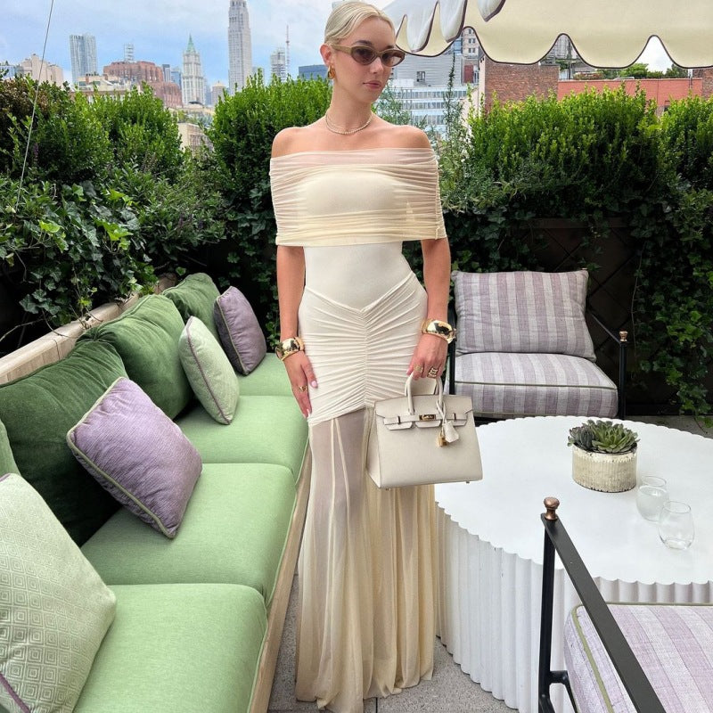 Womens One Shoulder Mermaid Mesh Maxi Dress Ruffled Slim Bodycon Dress Elegant Evening Party Dress for Spring Summer