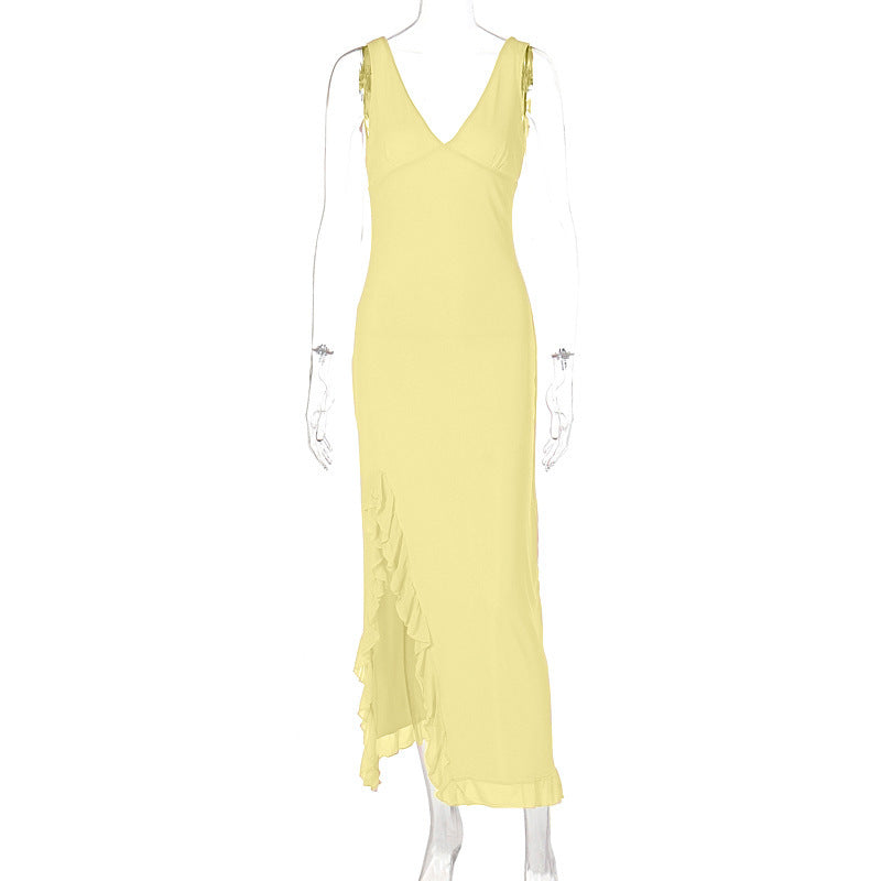 Fashion Women's Sexy Dress V-Neck Backless y2k Maxi Dress Side High Split Ruffle Dress Sleeveless Mesh Dress