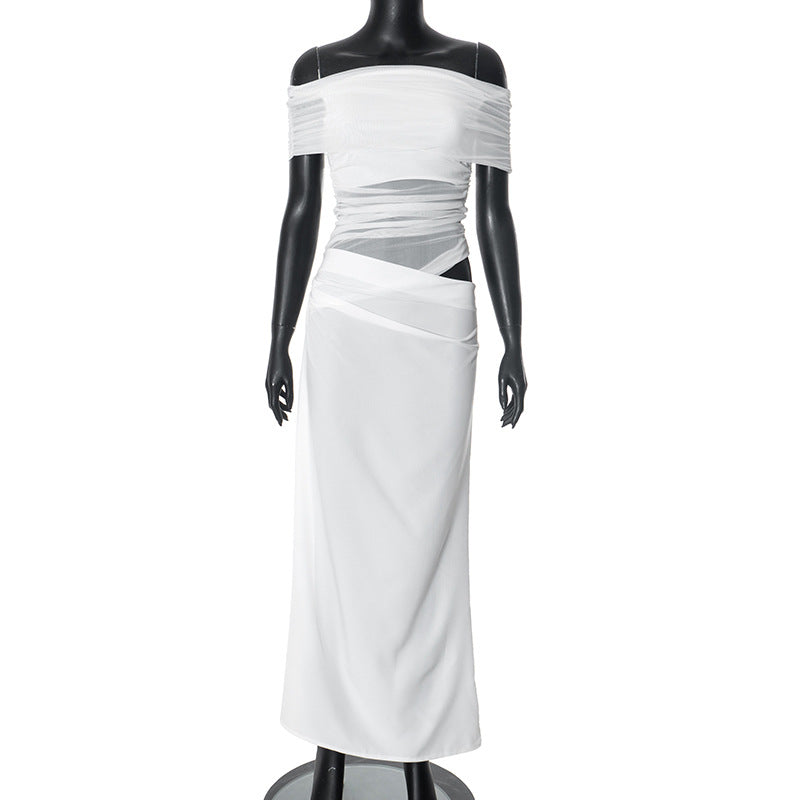 Asymmetrical Ruffles One Shoulder Sheer Mesh Maxi Dress with Sexy Elegant Evening Party and Beach Wedding Guest Dress