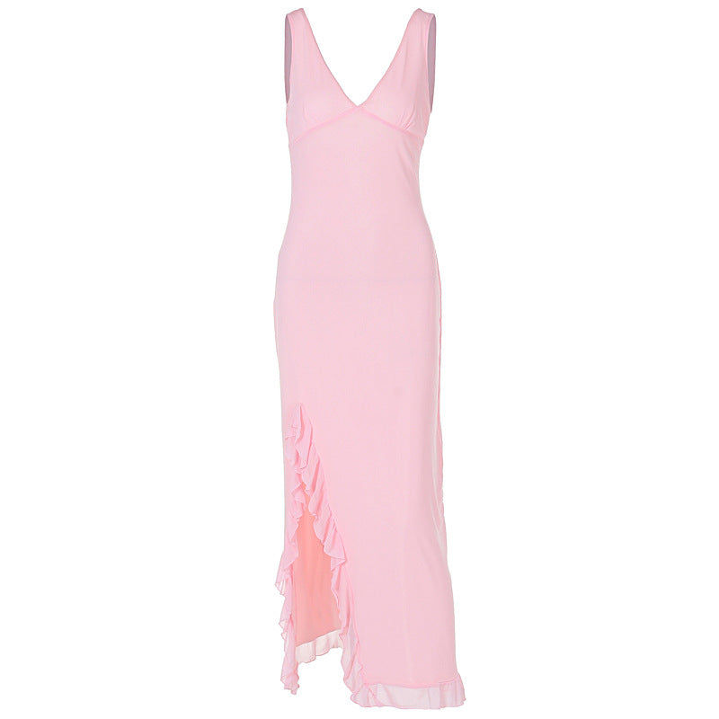 Fashion Women's Sexy Dress V-Neck Backless y2k Maxi Dress Side High Split Ruffle Dress Sleeveless Mesh Dress
