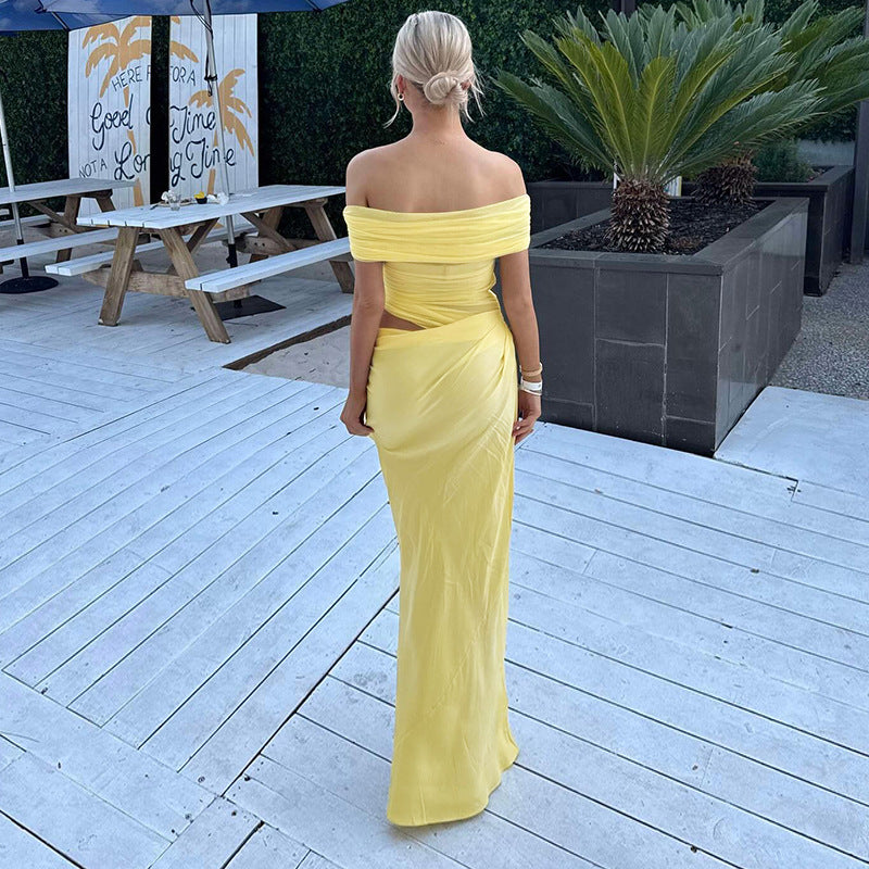 Asymmetrical Ruffles One Shoulder Sheer Mesh Maxi Dress with Sexy Elegant Evening Party and Beach Wedding Guest Dress