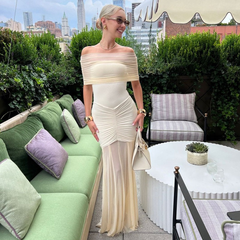 Womens One Shoulder Mermaid Mesh Maxi Dress Ruffled Slim Bodycon Dress Elegant Evening Party Dress for Spring Summer
