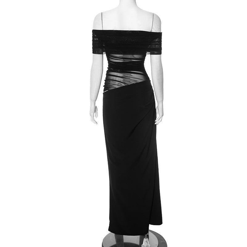 Asymmetrical Ruffles One Shoulder Sheer Mesh Maxi Dress with Sexy Elegant Evening Party and Beach Wedding Guest Dress