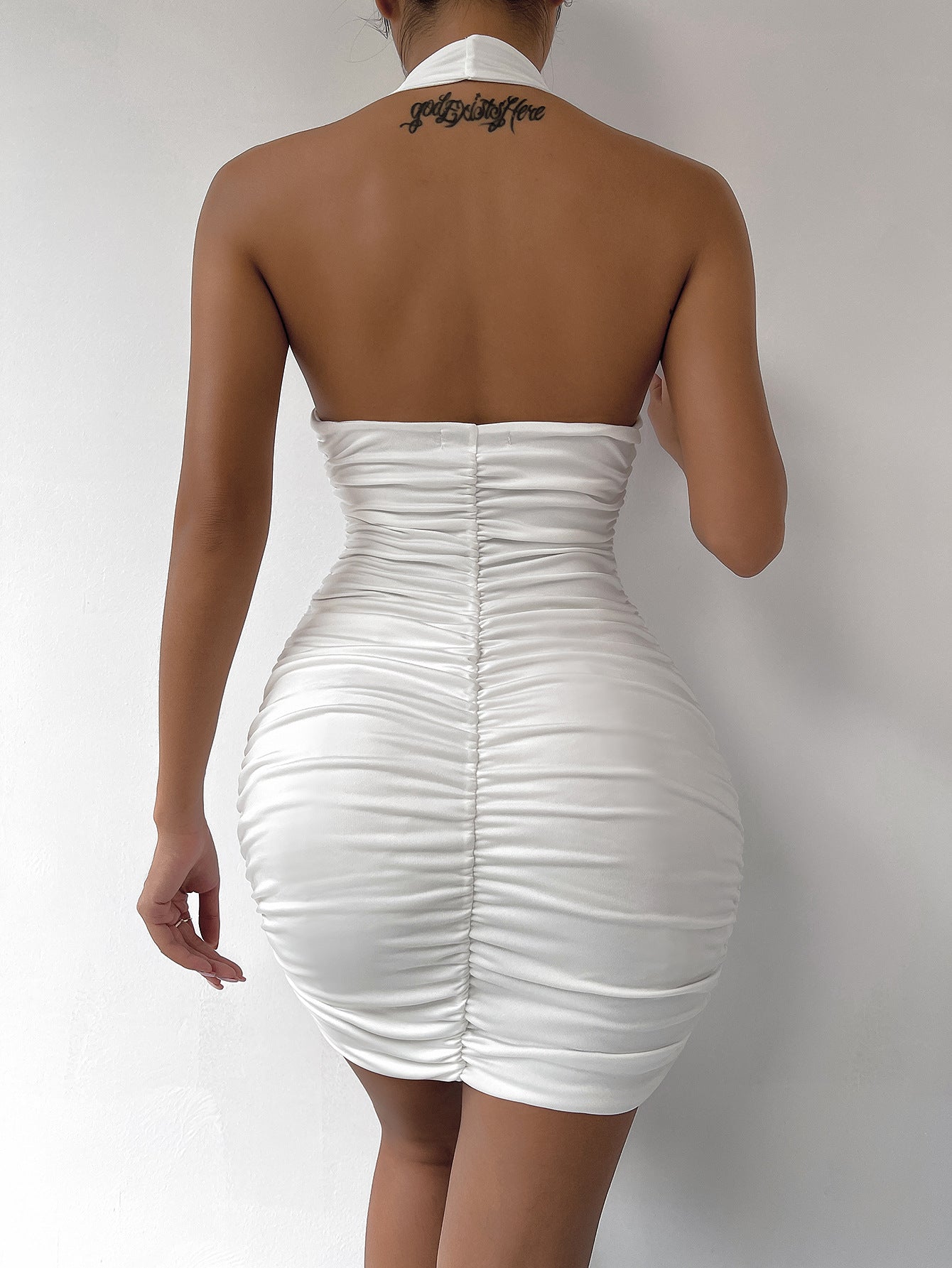 Women Sexy Bodycon Dresses V-Neck Pleated Dress Slim Neck-Hanging Mini Dress Halter Party Dress