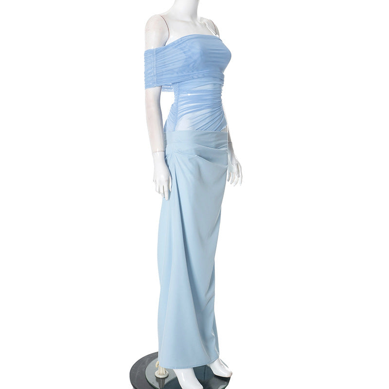 Asymmetrical Ruffles One Shoulder Sheer Mesh Maxi Dress with Sexy Elegant Evening Party and Beach Wedding Guest Dress