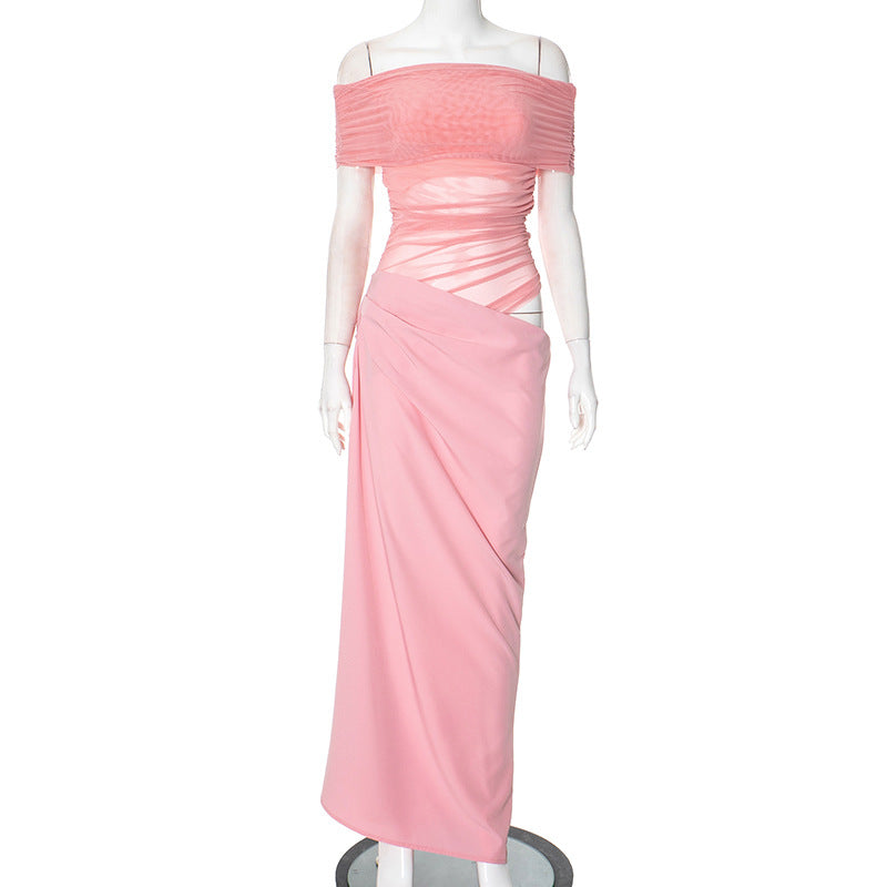 Asymmetrical Ruffles One Shoulder Sheer Mesh Maxi Dress with Sexy Elegant Evening Party and Beach Wedding Guest Dress