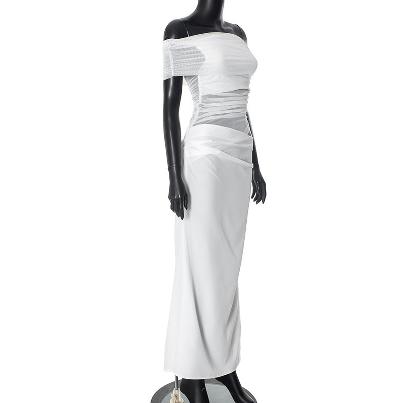 Asymmetrical Ruffles One Shoulder Sheer Mesh Maxi Dress with Sexy Elegant Evening Party and Beach Wedding Guest Dress