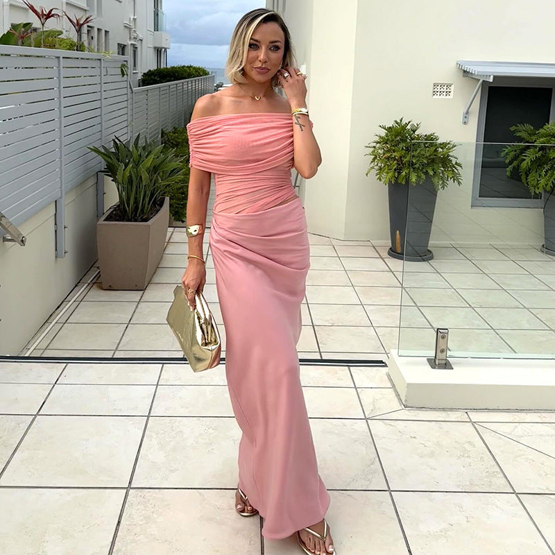 Asymmetrical Ruffles One Shoulder Sheer Mesh Maxi Dress with Sexy Elegant Evening Party and Beach Wedding Guest Dress