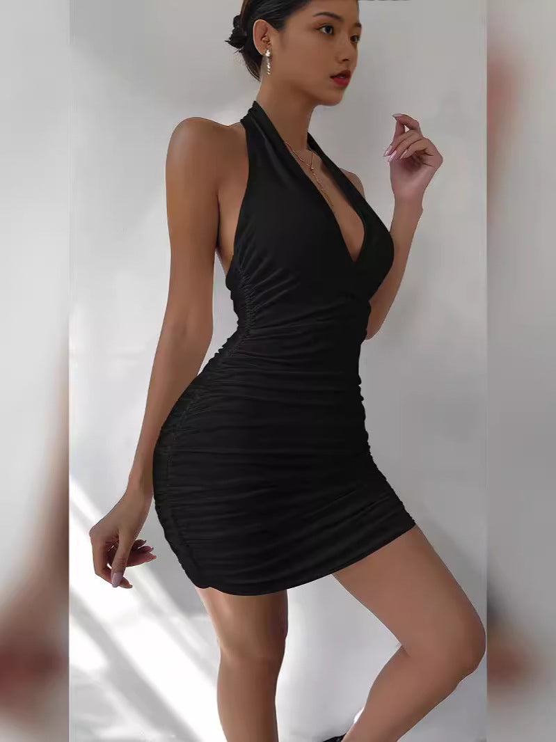 Women Sexy Bodycon Dresses V-Neck Pleated Dress Slim Neck-Hanging Mini Dress Halter Party Dress