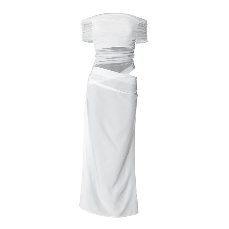 Asymmetrical Ruffles One Shoulder Sheer Mesh Maxi Dress with Sexy Elegant Evening Party and Beach Wedding Guest Dress
