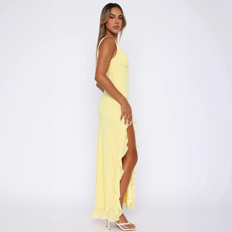Fashion Women's Sexy Dress V-Neck Backless y2k Maxi Dress Side High Split Ruffle Dress Sleeveless Mesh Dress