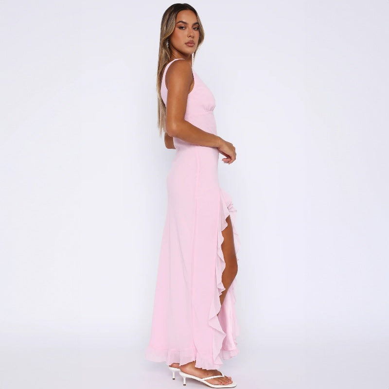 Fashion Women's Sexy Dress V-Neck Backless y2k Maxi Dress Side High Split Ruffle Dress Sleeveless Mesh Dress