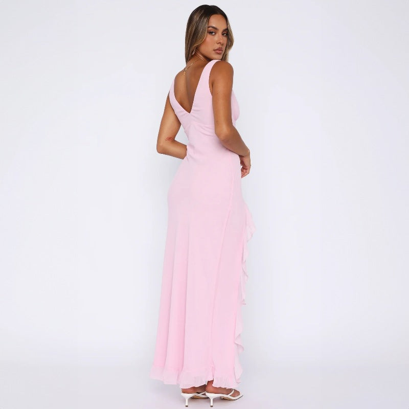 Fashion Women's Sexy Dress V-Neck Backless y2k Maxi Dress Side High Split Ruffle Dress Sleeveless Mesh Dress