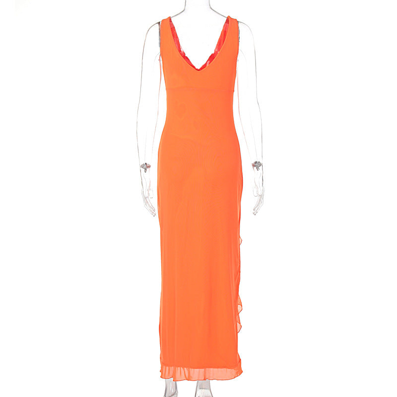 Fashion Women's Sexy Dress V-Neck Backless y2k Maxi Dress Side High Split Ruffle Dress Sleeveless Mesh Dress