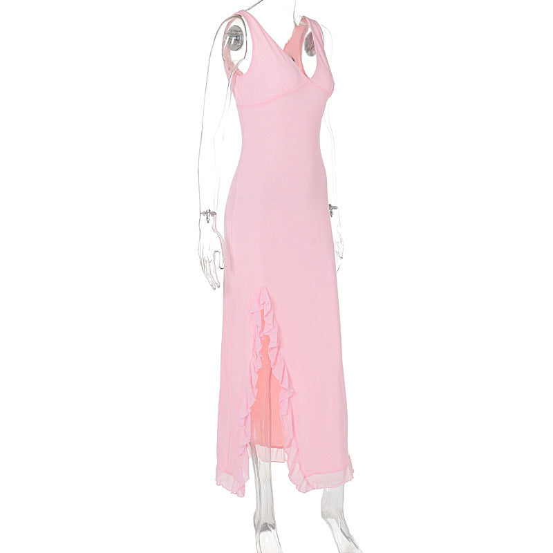 Fashion Women's Sexy Dress V-Neck Backless y2k Maxi Dress Side High Split Ruffle Dress Sleeveless Mesh Dress