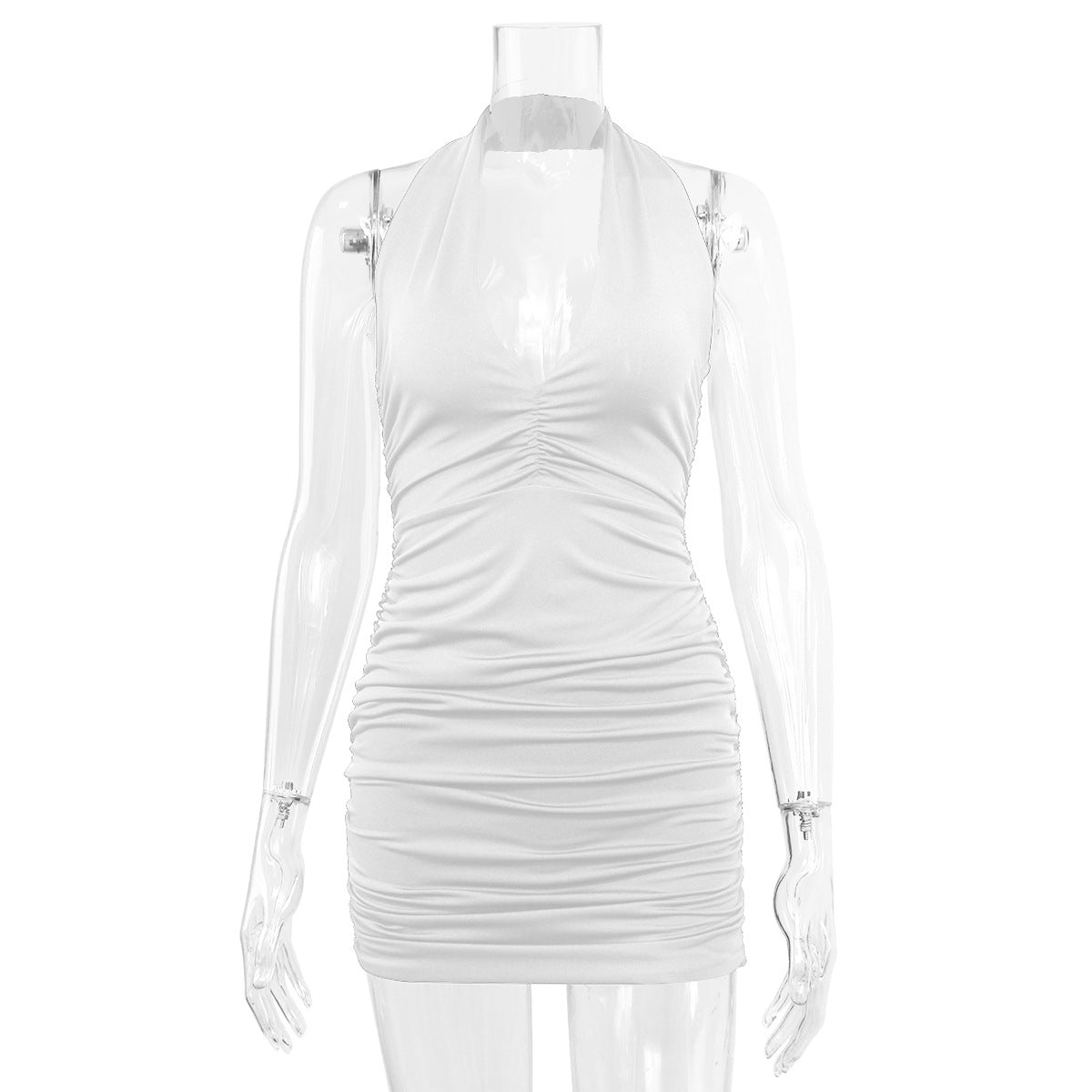 Women Sexy Bodycon Dresses V-Neck Pleated Dress Slim Neck-Hanging Mini Dress Halter Party Dress