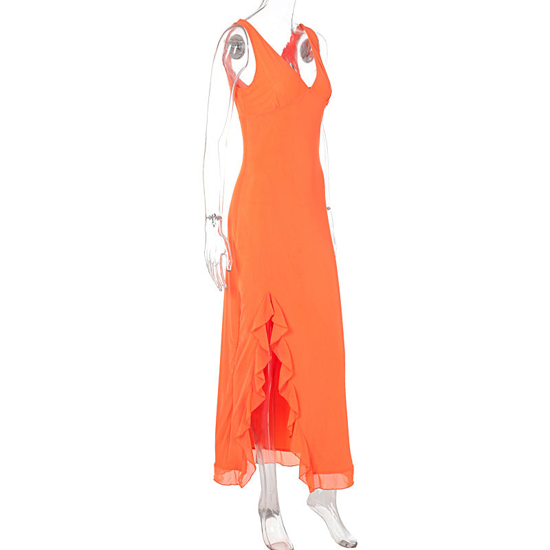 Fashion Women's Sexy Dress V-Neck Backless y2k Maxi Dress Side High Split Ruffle Dress Sleeveless Mesh Dress