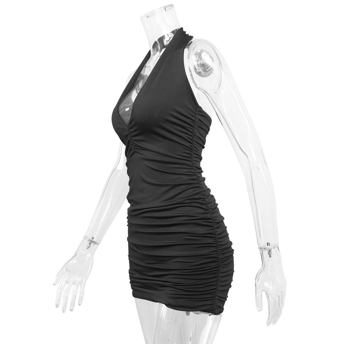 Women Sexy Bodycon Dresses V-Neck Pleated Dress Slim Neck-Hanging Mini Dress Halter Party Dress