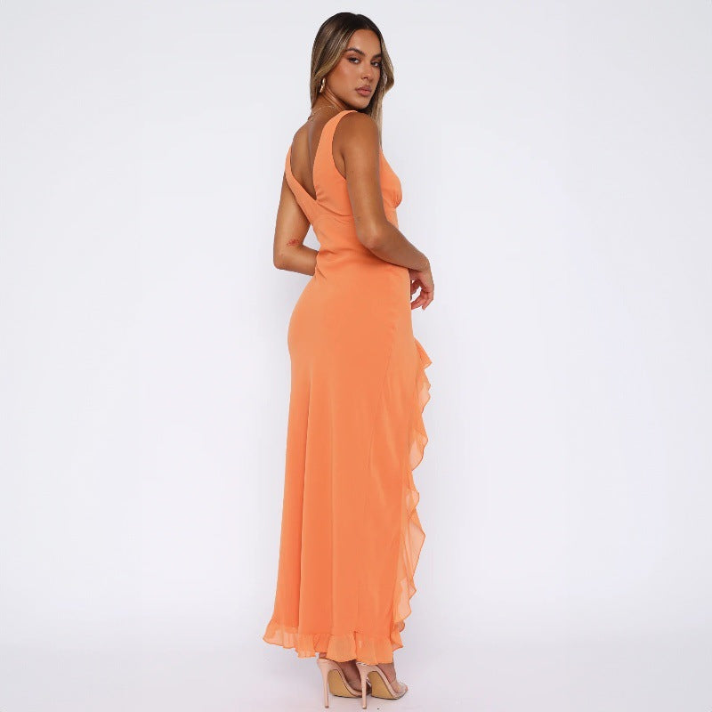 Fashion Women's Sexy Dress V-Neck Backless y2k Maxi Dress Side High Split Ruffle Dress Sleeveless Mesh Dress