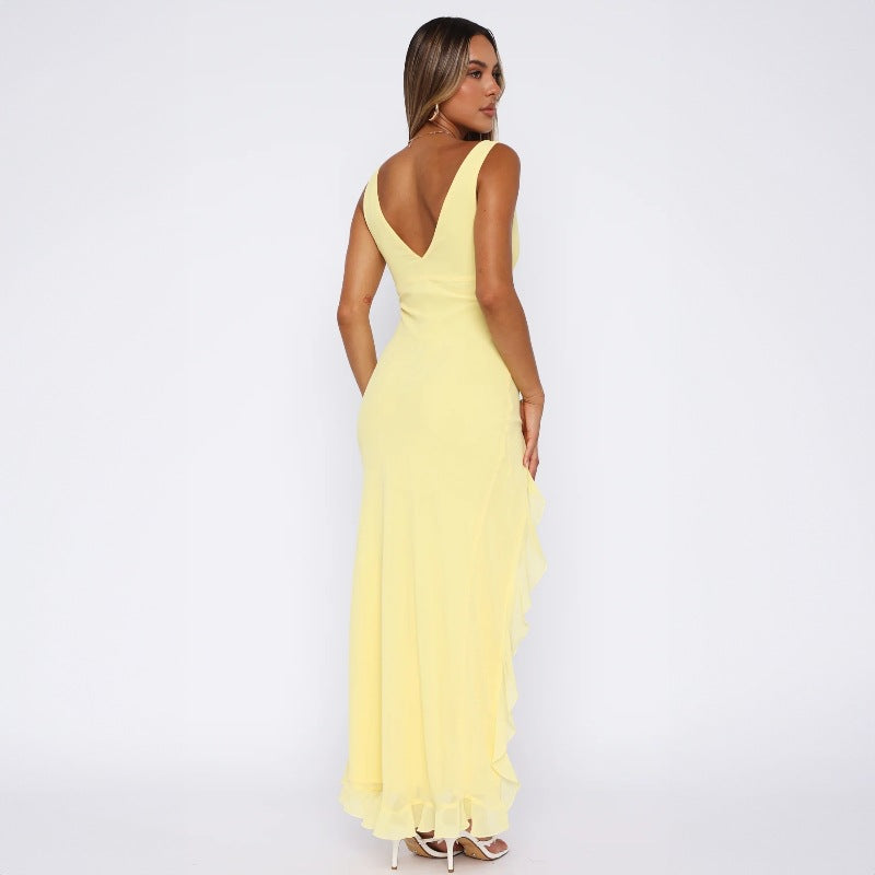 Fashion Women's Sexy Dress V-Neck Backless y2k Maxi Dress Side High Split Ruffle Dress Sleeveless Mesh Dress