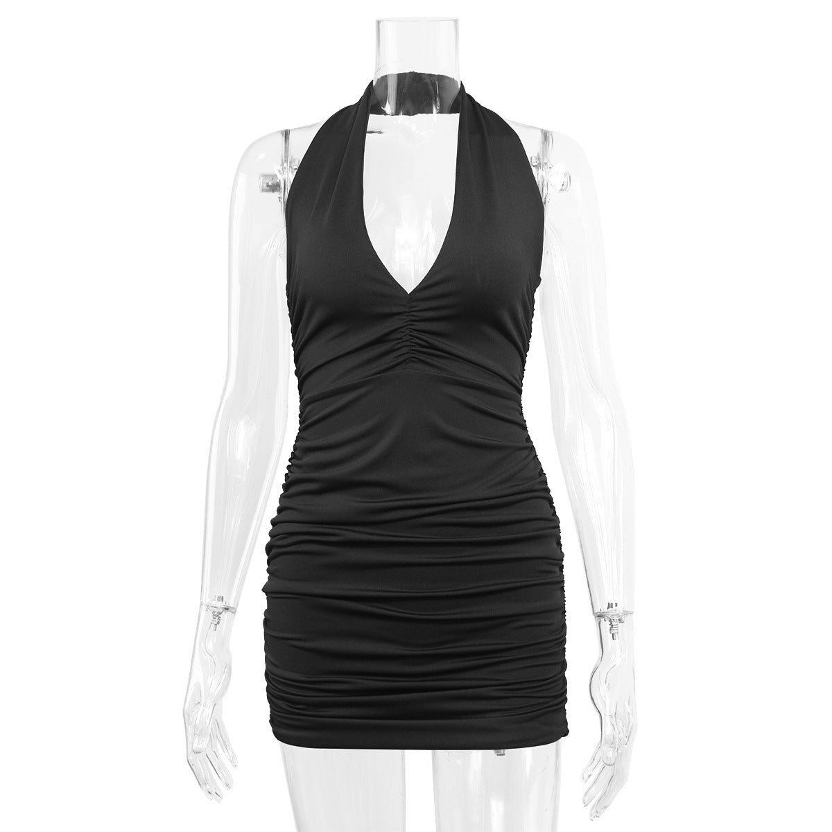 Women Sexy Bodycon Dresses V-Neck Pleated Dress Slim Neck-Hanging Mini Dress Halter Party Dress