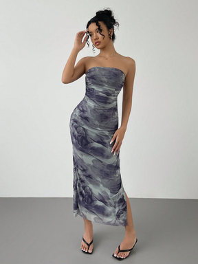 Summer Dresses For Women Strapless Slim Bodycon Dress Side Slit Tube Top Dress Ink Painting Formal Dresses By Yazinie