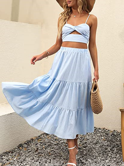 Boho Skirts for Women High Waist Tiered Maxi Skirt Long Flowy Beach Skirt with Pocket