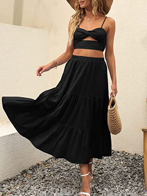 Boho Skirts for Women High Waist Tiered Maxi Skirt Long Flowy Beach Skirt with Pocket