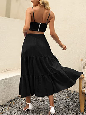 Boho Skirts for Women High Waist Tiered Maxi Skirt Long Flowy Beach Skirt with Pocket