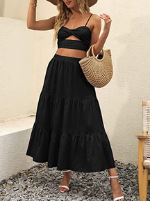 Boho Skirts for Women High Waist Tiered Maxi Skirt Long Flowy Beach Skirt with Pocket