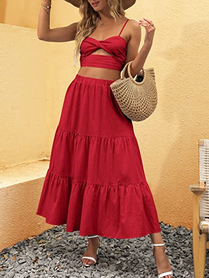 Boho Skirts for Women High Waist Tiered Maxi Skirt Long Flowy Beach Skirt with Pocket