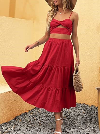 Boho Skirts for Women High Waist Tiered Maxi Skirt Long Flowy Beach Skirt with Pocket