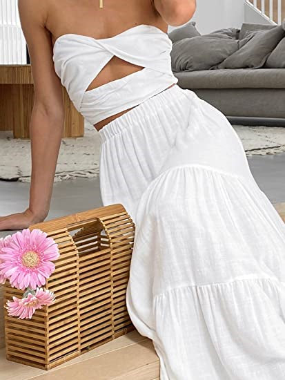 Boho Skirts for Women High Waist Tiered Maxi Skirt Long Flowy Beach Skirt with Pocket