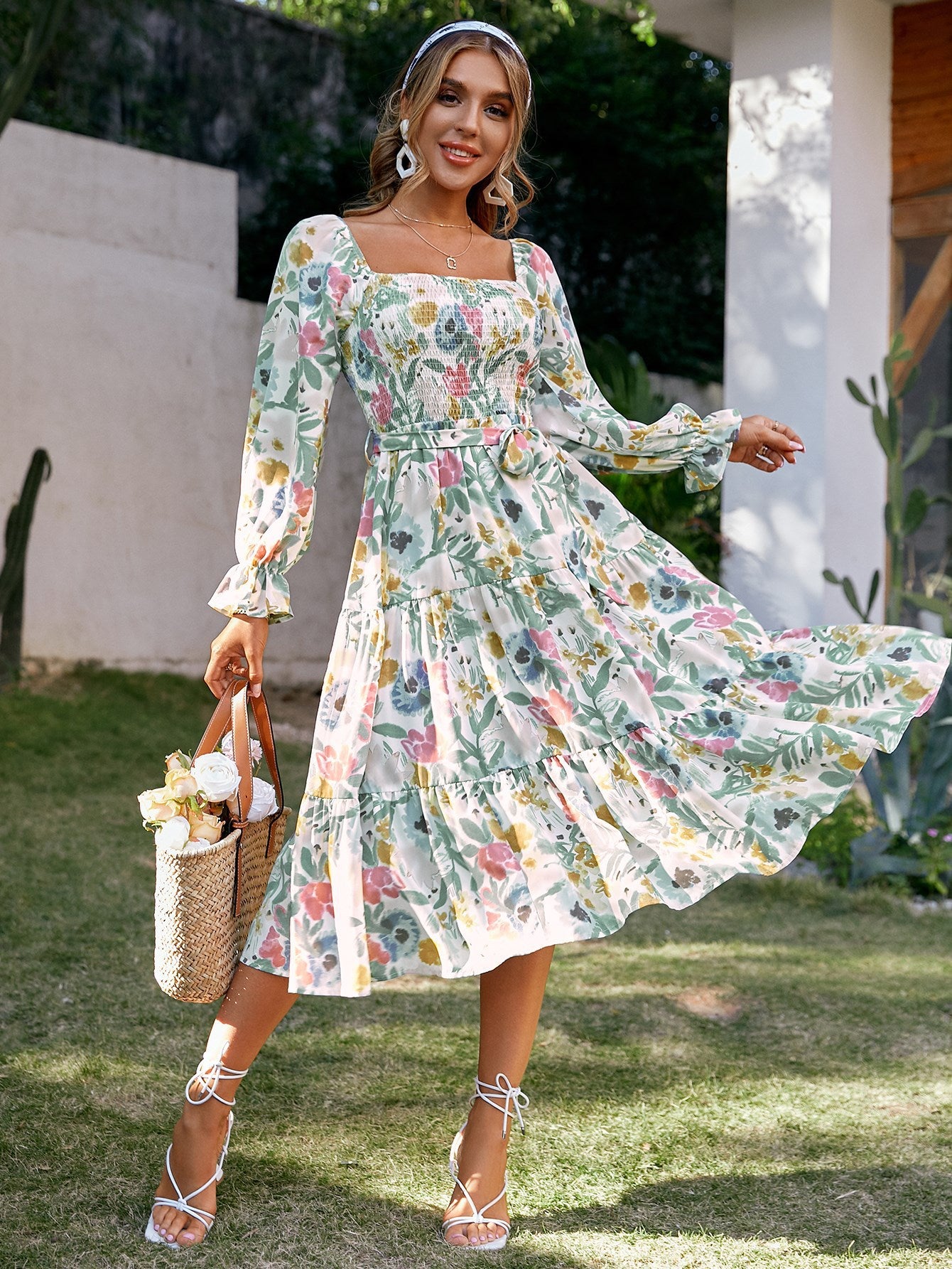 Women Square Neck Floral Dress Long Sleeve Boho Dress For Women Wedding Guest Dress