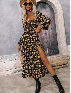 Women’s Floral Square Neck Maxi Dress Bubble Long Sleeve Side Slit Flowy Boho Dresses