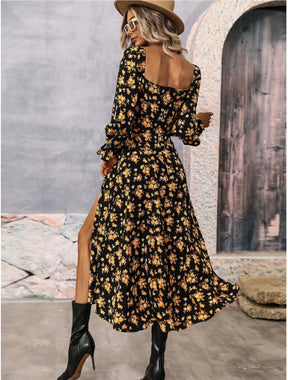 Women’s Floral Square Neck Maxi Dress Bubble Long Sleeve Side Slit Flowy Boho Dresses