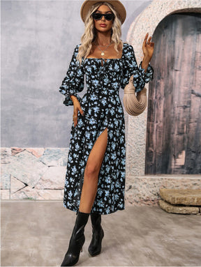 Women’s Floral Square Neck Maxi Dress Bubble Long Sleeve Side Slit Flowy Boho Dresses