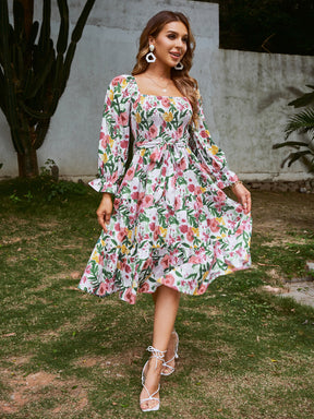 Women Square Neck Floral Dress Long Sleeve Boho Dress For Women Wedding Guest Dress