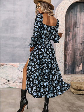 Women’s Floral Square Neck Maxi Dress Bubble Long Sleeve Side Slit Flowy Boho Dresses