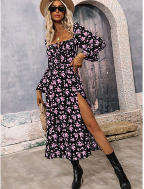 Women’s Floral Square Neck Maxi Dress Bubble Long Sleeve Side Slit Flowy Boho Dresses