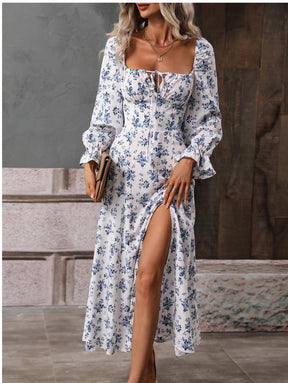 Women’s Floral Square Neck Maxi Dress Bubble Long Sleeve Side Slit Flowy Boho Dresses