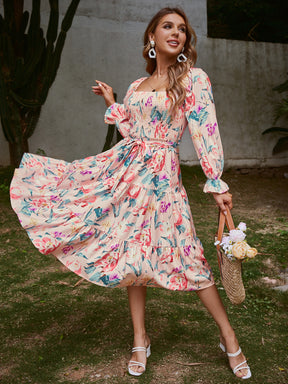 Women Square Neck Floral Dress Long Sleeve Boho Dress For Women Wedding Guest Dress