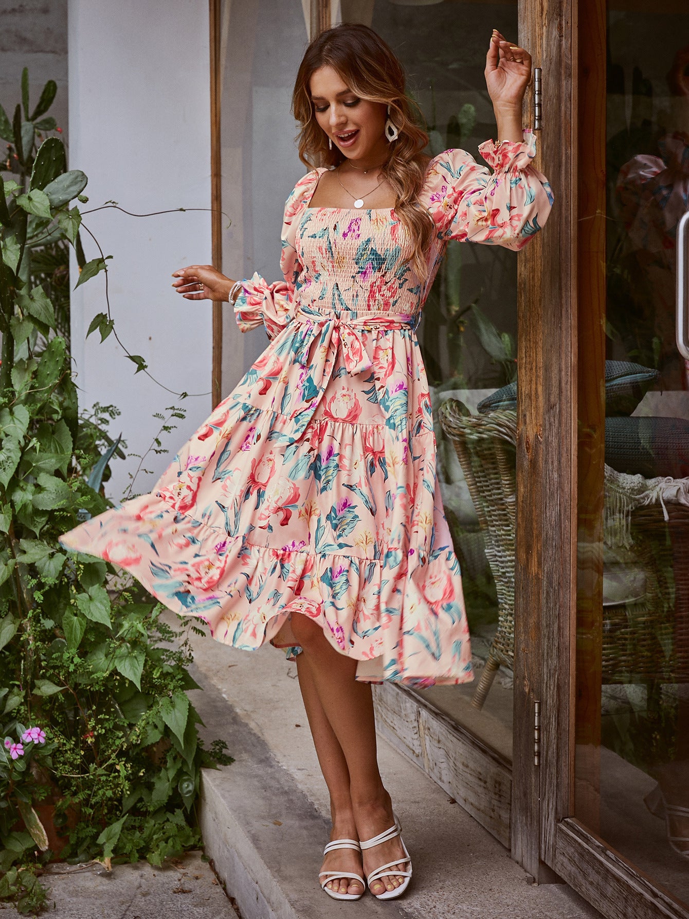 Women Square Neck Floral Dress Long Sleeve Boho Dress For Women Wedding Guest Dress